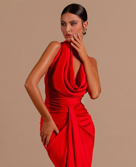 Red Halter Open Back Long Sleeveless Mermaid Prom Dress