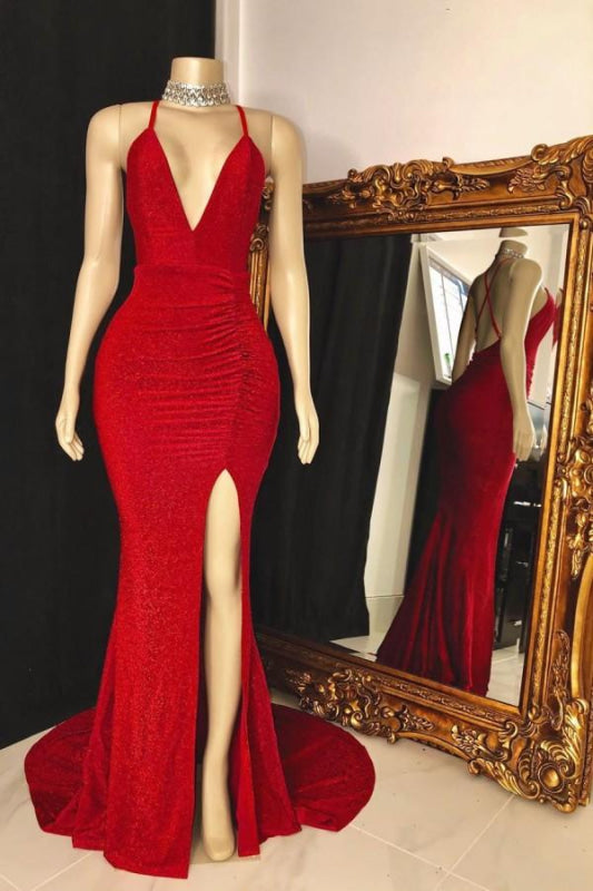 Red Halter Sleeveless Prom Dress with Split