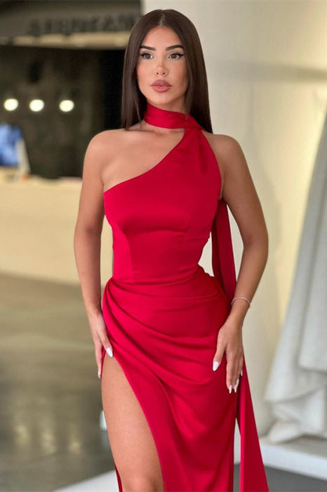 Red High Collar Long Mermaid Prom Dress with Slit and Ruffles