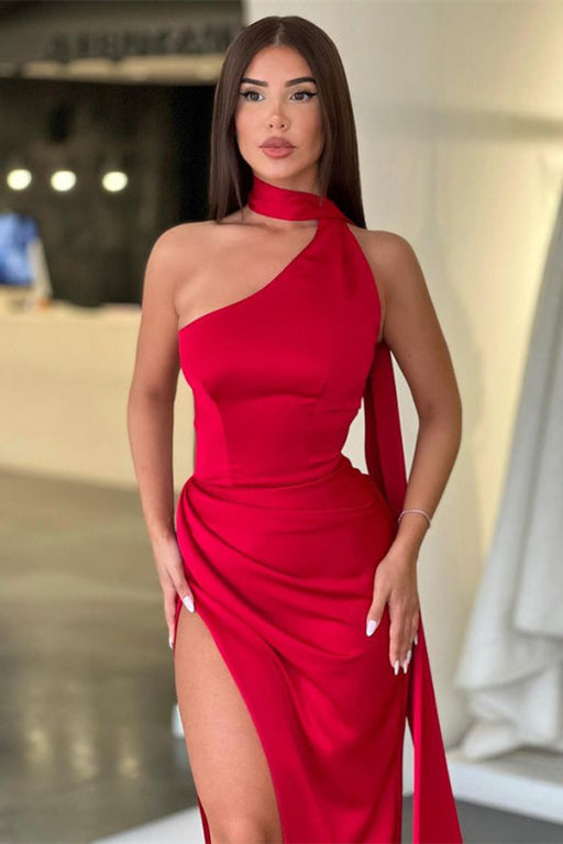 Red High Collar Long Mermaid Prom Dress with Slit and Ruffles