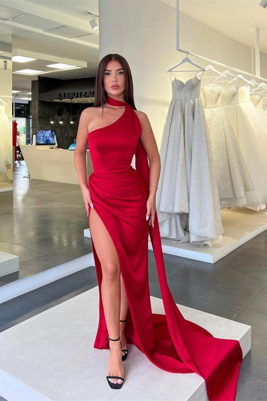 Red High Collar Long Mermaid Prom Dress with Slit and Ruffles