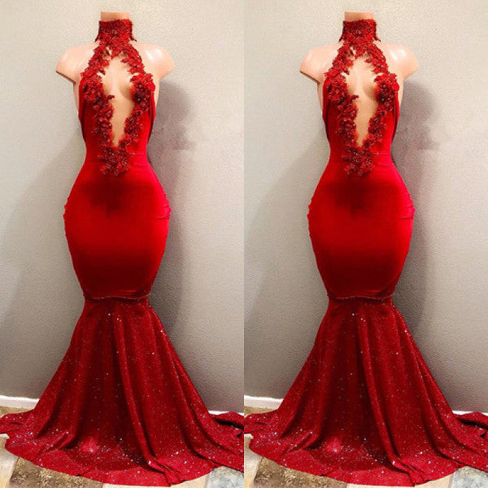 Red High Collar Mermaid Prom Dress with Sequins