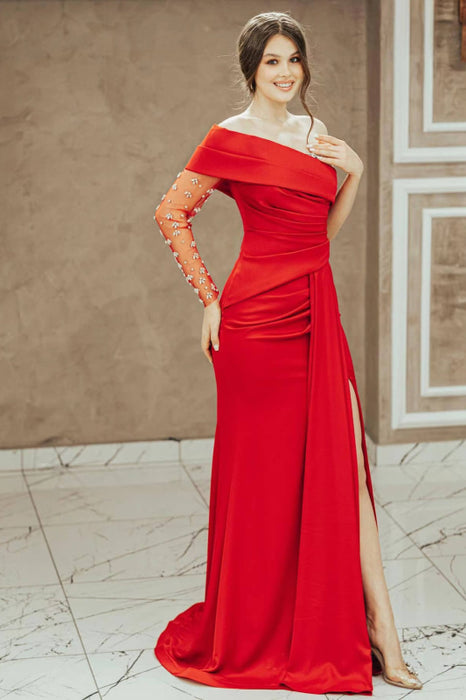 Red Long Sleeve One-Shoulder Mermaid Prom Dress with Split and Beading