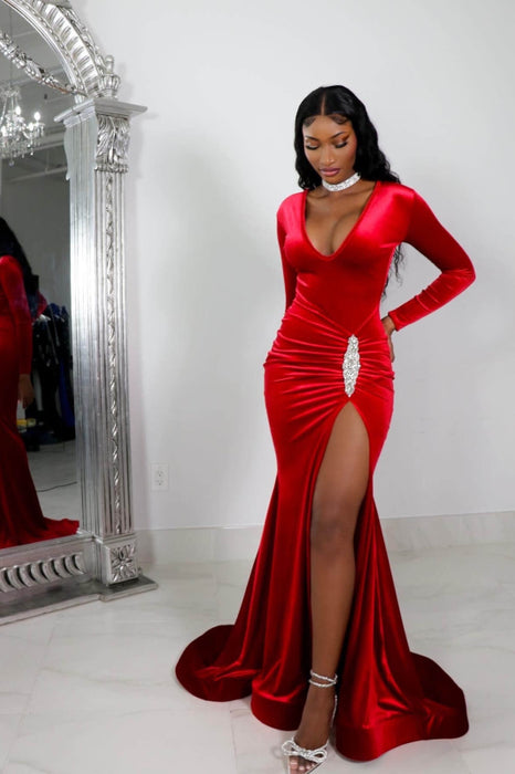 Red Long Sleeve Simple Prom Dress with High Slit and Pleated