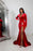 Red Long Sleeve Simple Prom Dress with High Slit and Pleated