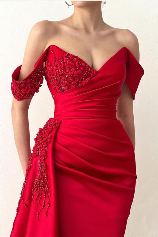 Red Mermaid Prom Dress with Beadings, V-Neck, Off-the-Shoulder, Long with Ruffles