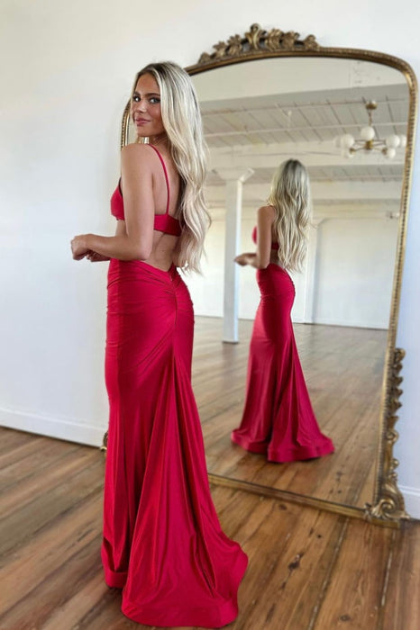 Red Mermaid Prom Dress with Delicate Spaghetti Straps and Beaded Detailing