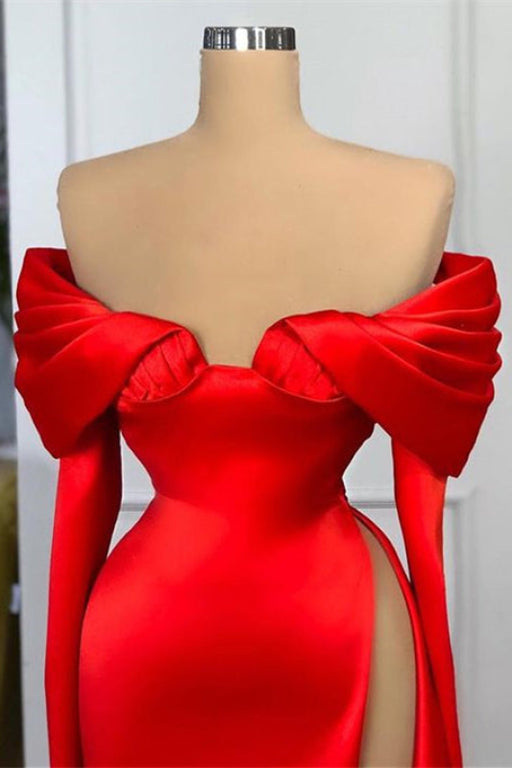 Red Off-the-Shoulder Long Sleeve Mermaid Prom Dress with Split