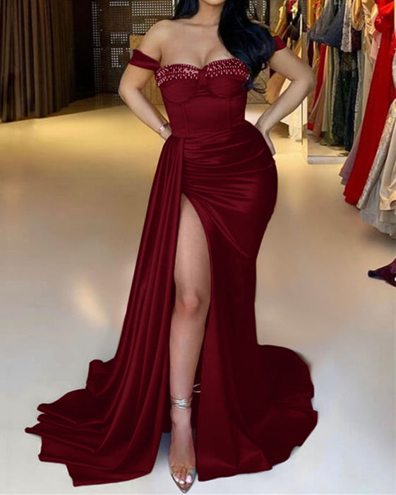 Red Off-the-Shoulder Sweetheart Beaded Mermaid Evening Dress with Split and Ruffles