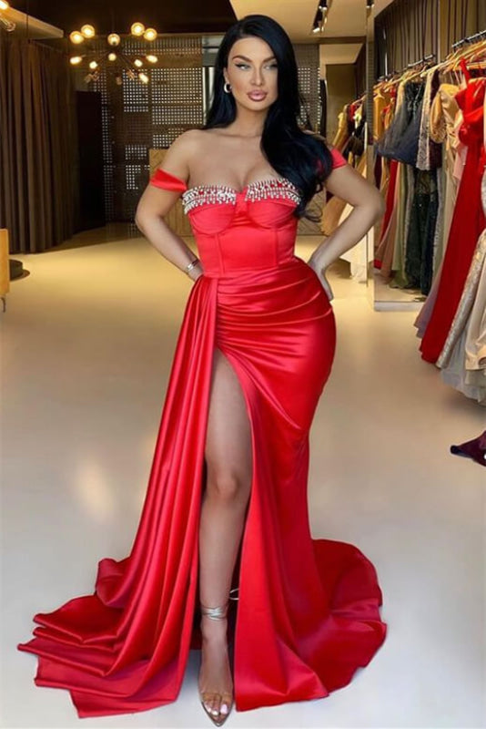 Red Off-the-Shoulder Sweetheart Beaded Mermaid Evening Dress with Split and Ruffles