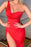 Red One Shoulder Mermaid Prom Dress with Split