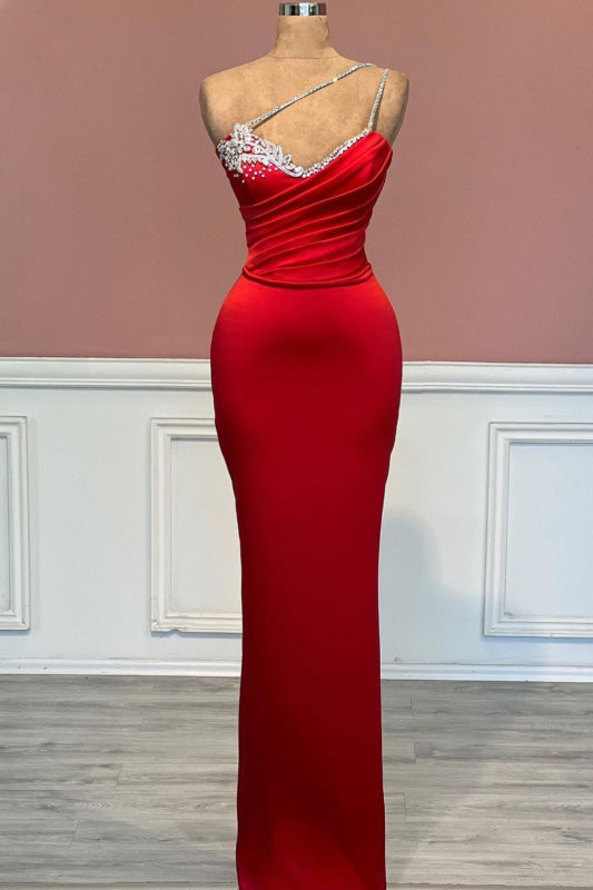 Red One-Shoulder Prom Dress with Beadings and Long Satin Sleeveless