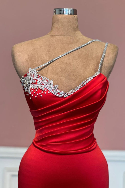 Red One-Shoulder Prom Dress with Beadings and Long Satin Sleeveless