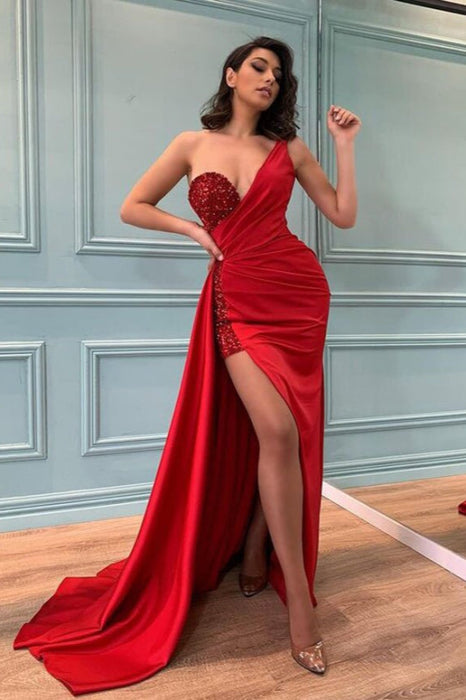 Red One Shoulder Prom Dress with Sequins Slit