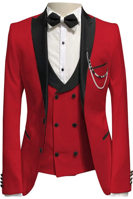 Montague Red Peaked Lapel Three Pieces Bespoke Prom Suits