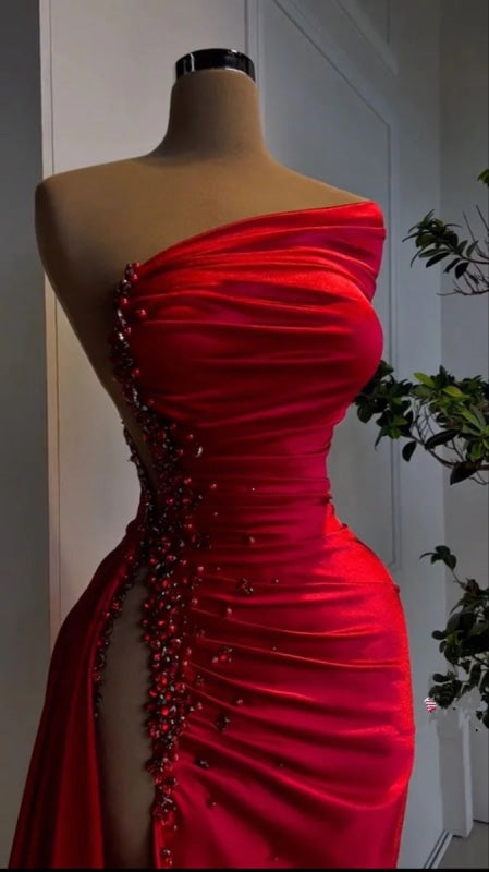 Red Pearl Strapless Prom Dress with Long Slit