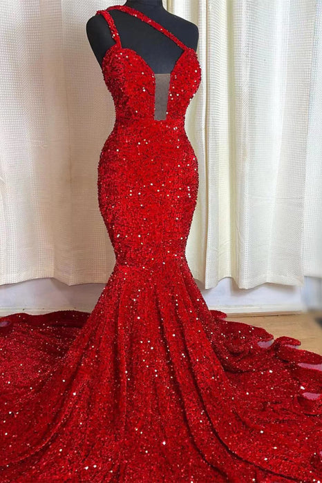 Red Sequins Sleeveless Mermaid Prom Dress with Sweetheart Elegant