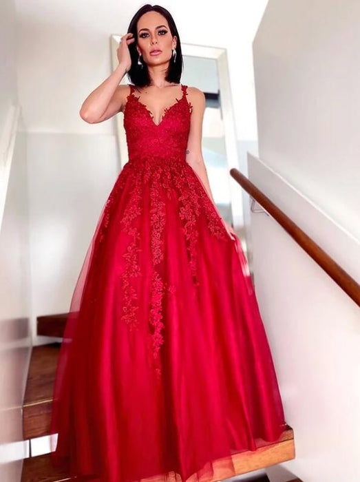 Red Sleeveless Lace Appliqued Prom Dress