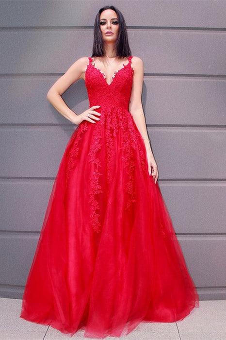 Red Sleeveless Lace Appliqued Prom Dress