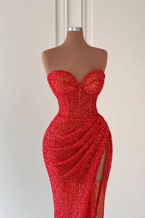 Red Sleeveless Sweetheart Long Mermaid Prom Dress with Split Sequins