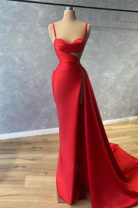 Red Spaghetti Strap Sweetheart Mermaid Prom Dress with Ruffles