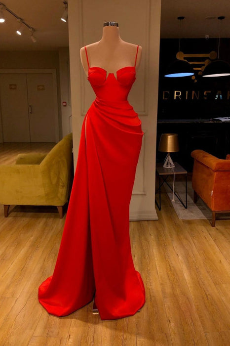 Red Spaghetti-Straps Mermaid Prom Dress with Split