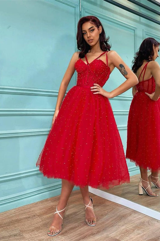 Red Spaghetti-Straps Tulle Prom Dress with Pearls