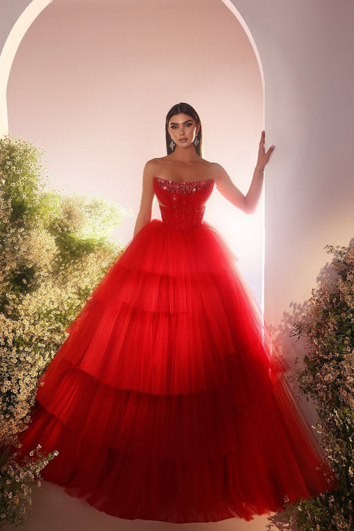 Red Strapless Tiered Bateau Neck A-line Beading Tulle Floor-Length Prom Dress