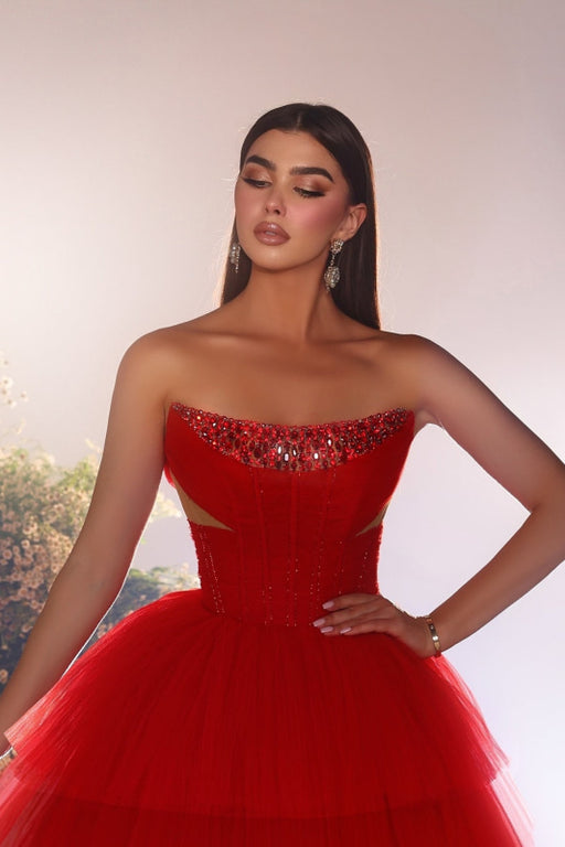 Red Strapless Tiered Bateau Neck A-line Beading Tulle Floor-Length Prom Dress