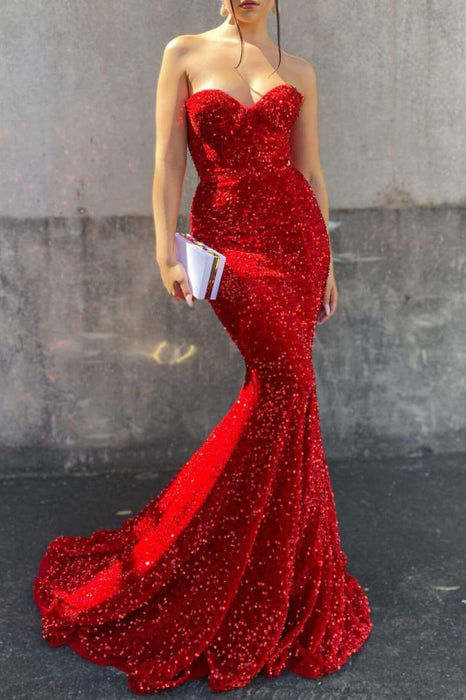 Red Sweetheart Long Mermaid Prom Dress with Sequins