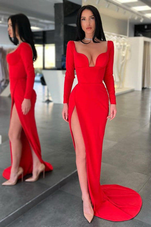 Red Sweetheart Long Sleeves Mermaid Prom Dress with Split