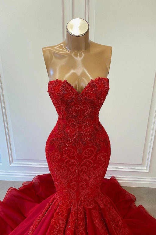 Red Sweetheart Sleeveless Mermaid Prom Dress with Beadings