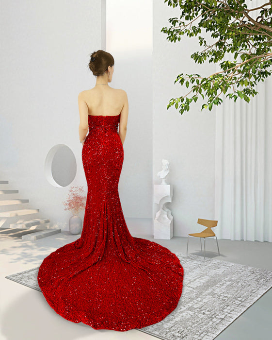 Red Sweetheart Sleeveless Sequined Prom Dress with High Slit