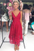 Red V Neck Asymmetrical Prom A Line Cheap Lace Party Bridesmaid Dress - Prom Dresses