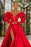 Red V Neck Bubble Sleeves Sexy Prom Dress With Slit