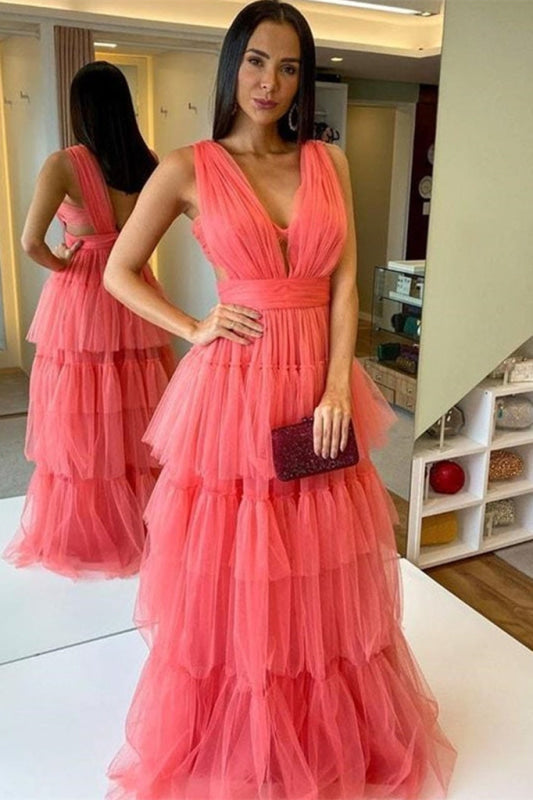 Refreshing Watermelon Tulle Prom Gown