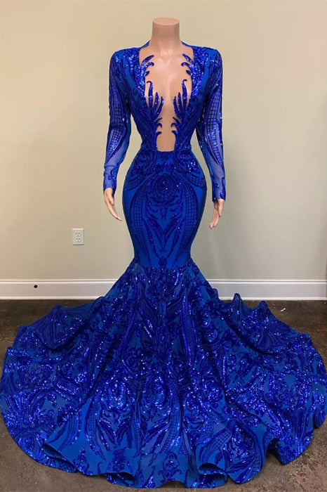 Regal Blue Glittering Mermaid Prom Gown with Elegant Long Sleeves