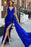 Regal Blue Mermaid Prom Gown with Flirty V-Neck and Elegant Ruffle Detail