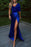 Regal Blue One-Shoulder Prom Gown with Elegant Pleated Detail and Thigh-High Split