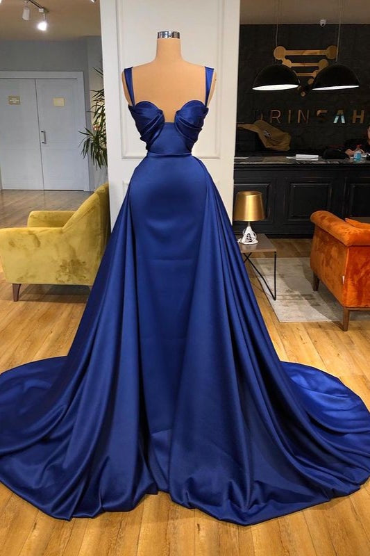 Regal Blue Strap Long Prom Dress with Elegant Overskirt