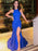 Regal Sapphire Halter Neck Mermaid Prom Gown with Daring Slit