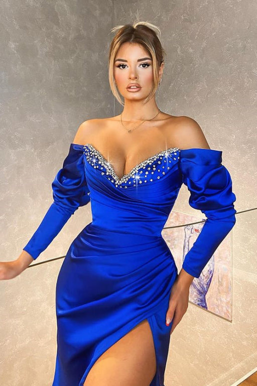 Regal Sapphire Mermaid Gown with Elegant Long Sleeves