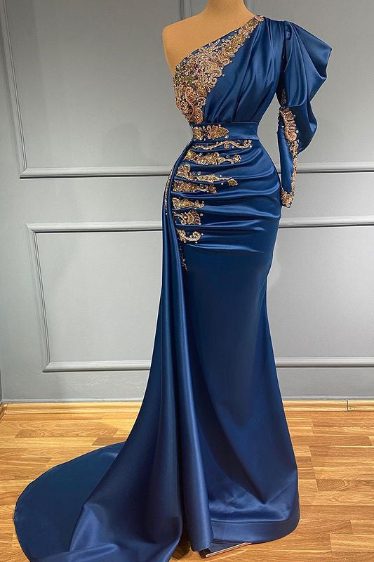 Regal Sapphire One-Shoulder Mermaid Prom Gown with Exquisite Beadwork