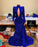 Regal Sapphire Sequined Mermaid Gown with High Neck and Long Sleeves