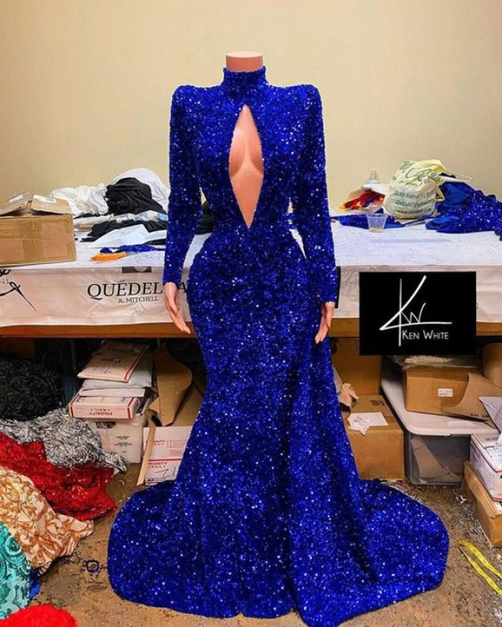 Regal Sapphire Sequined Mermaid Gown with High Neck and Long Sleeves