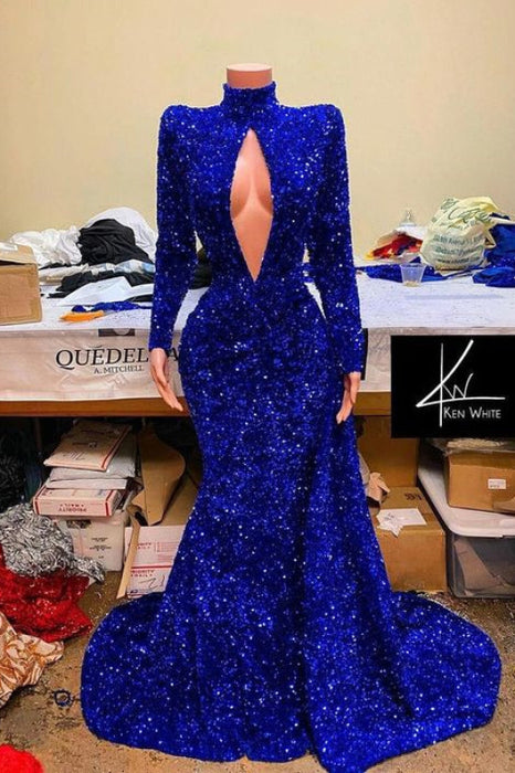 Regal Sapphire Sequined Mermaid Gown with High Neck and Long Sleeves