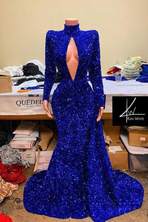 Regal Sapphire Sequined Mermaid Gown with High Neck and Long Sleeves