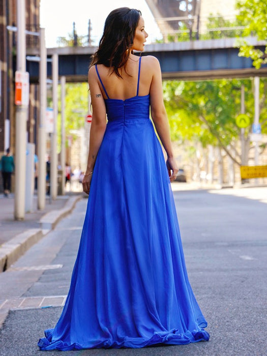 Regal Sapphire V-Neck Prom Gown with Daring Slit