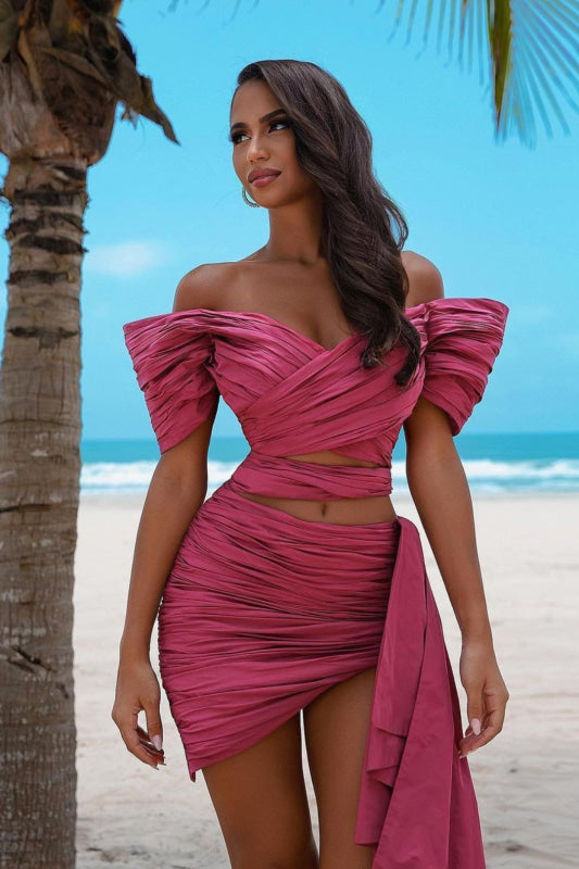 Rose Off-the-Shoulder Short Prom Dress with Pleated Trail