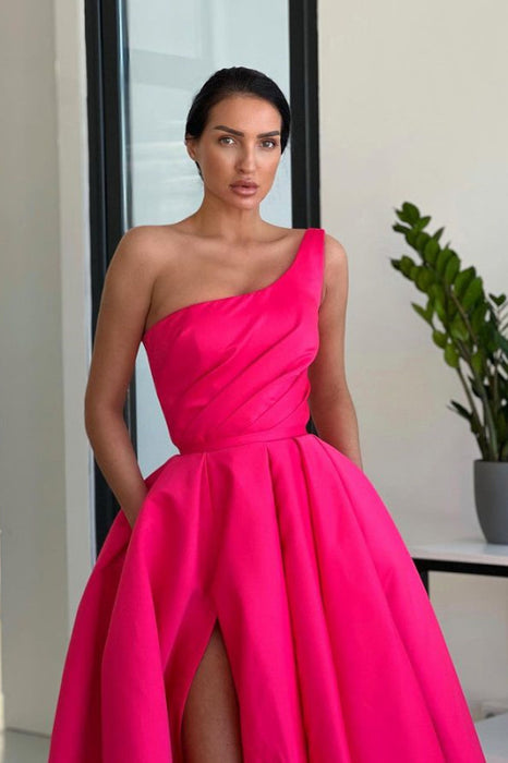 Rose One Shoulder Ball Gown Prom Dress with High Slit